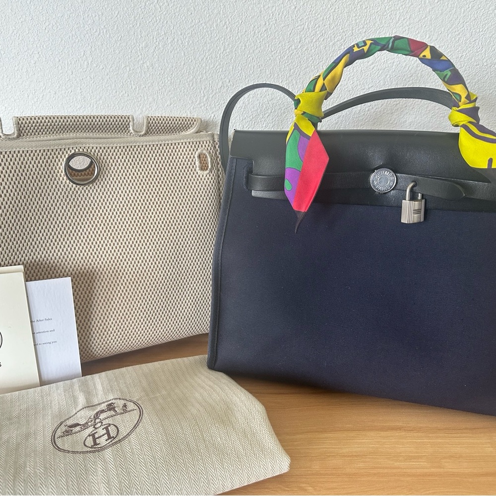 Hermes herbag PM 31 navy beige ecru black leather bag + accessories palladium HW